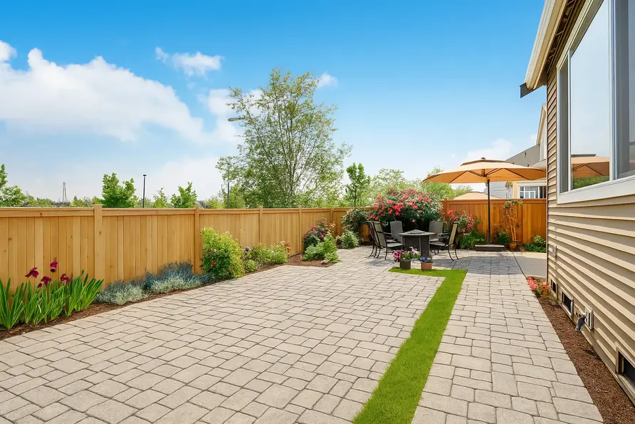 The same backyard transformed by Garderly's AI into a lush cottage garden with a stone path and vibrant flower beds.
